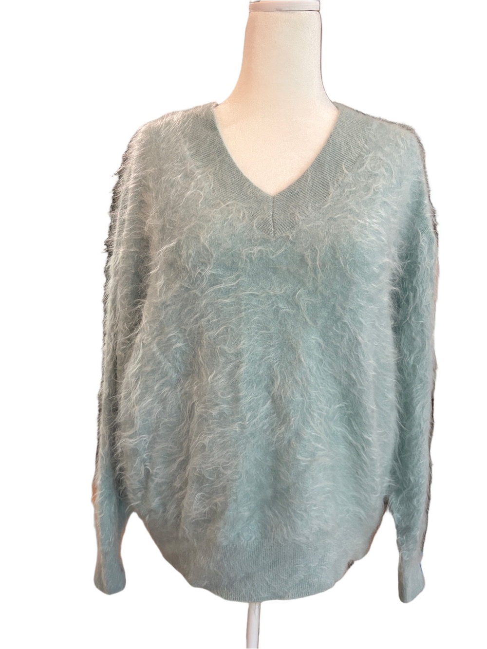 Nouveaux  Anthropologie XL cashmere sweater. Light aqua vneck soft fuzzy cozy